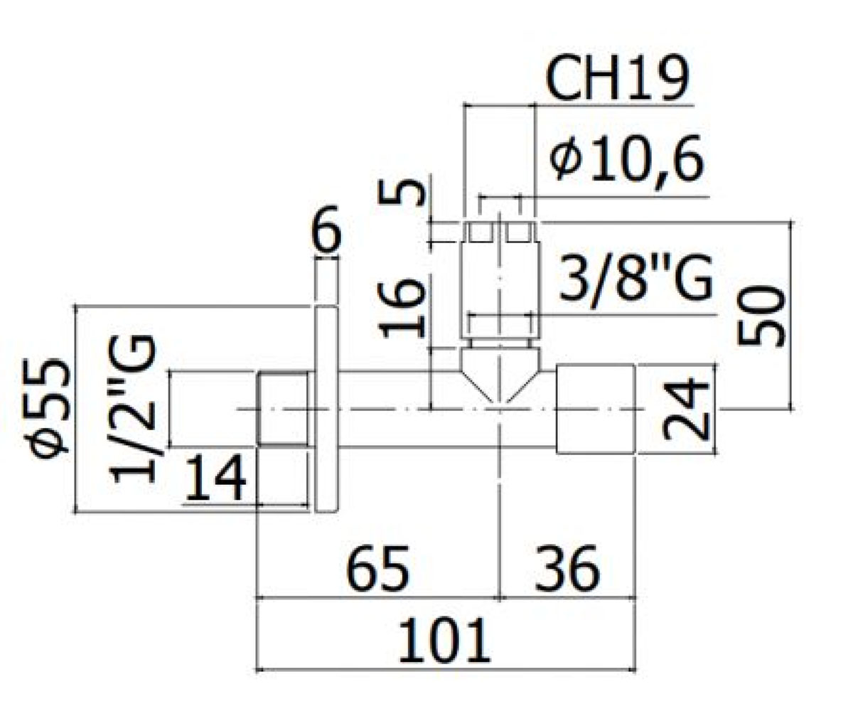 Вентиль запорный 3/8х1/2  LIGHT ZACC204NO:Чертеж 