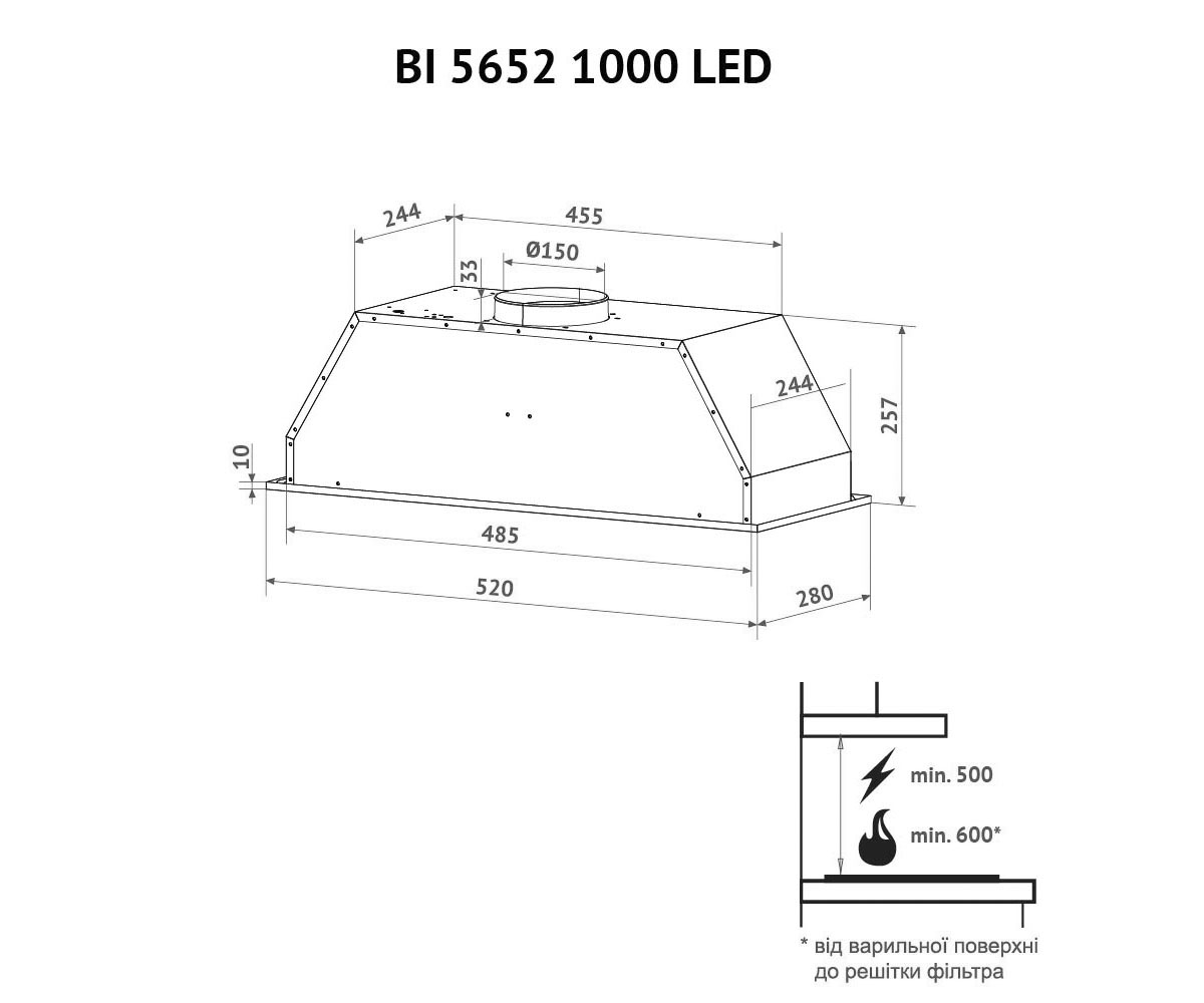 Вытяжка полновстраиваемая  BI 5652 WH 1000 LED:Чертеж 
