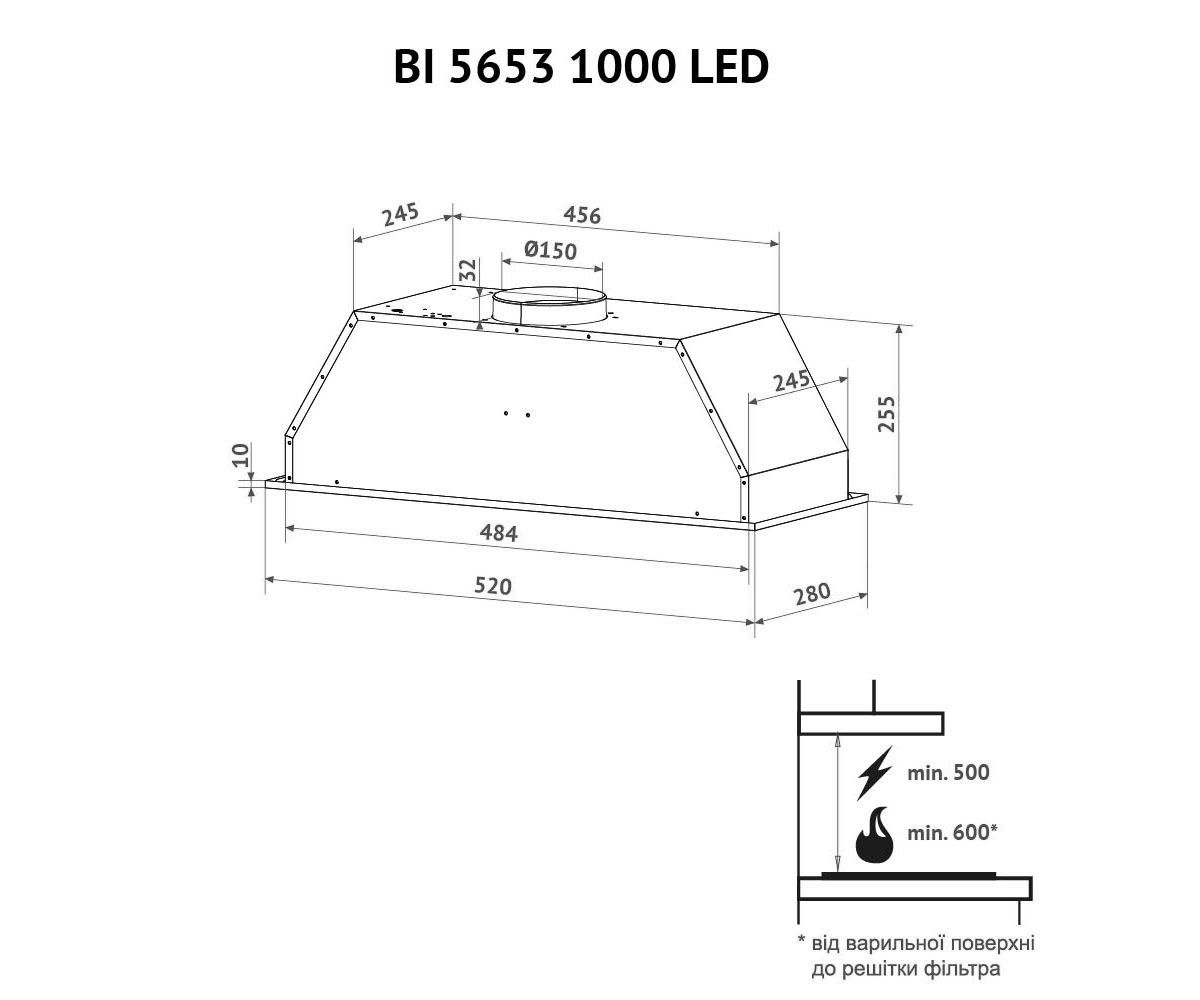 Вытяжка полновстраиваемая  BI 5653 WH 1000 LED:Чертеж 