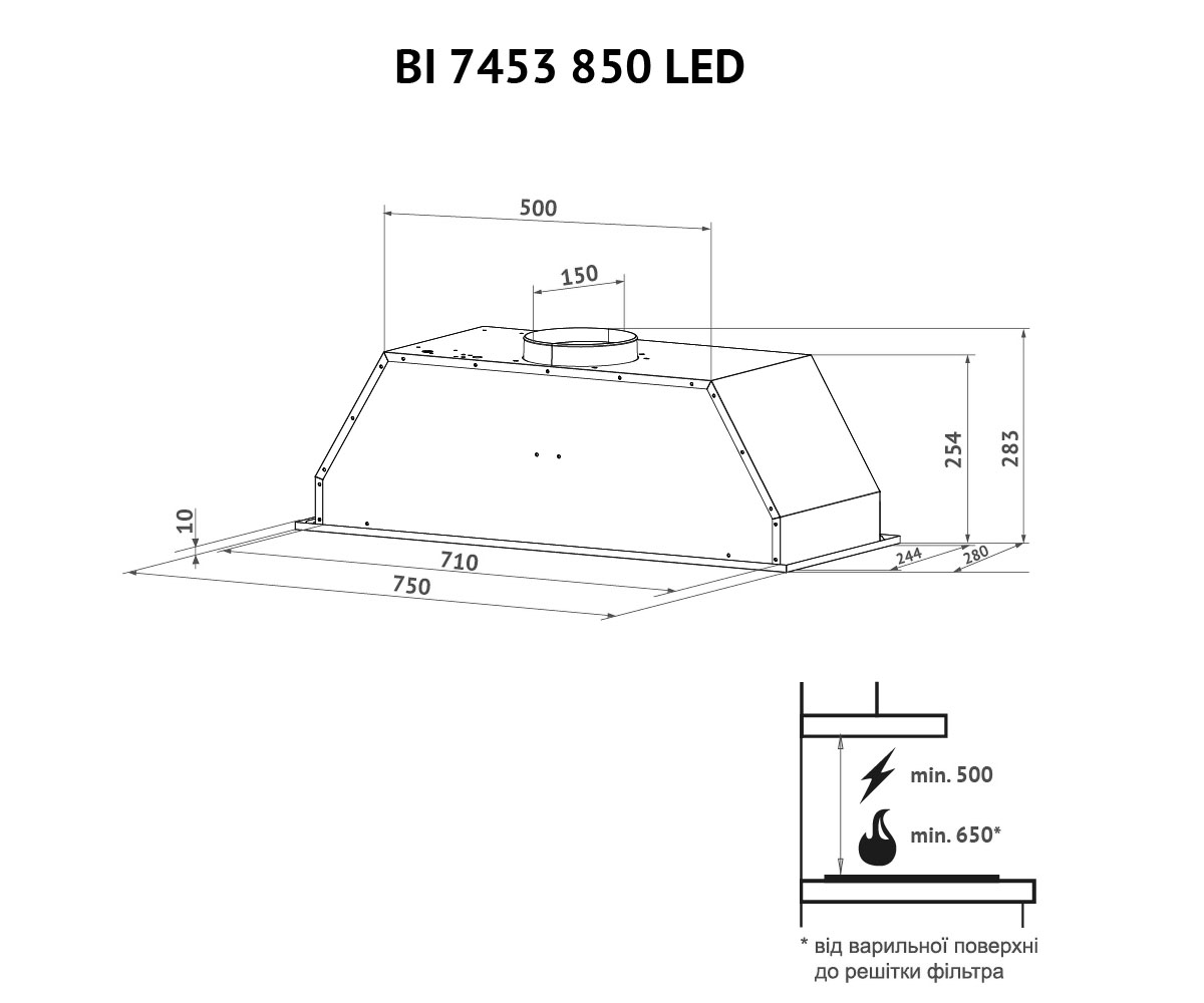 Полновстраиваемая вытяжка  BI 7453 I 850 LED:Чертеж 