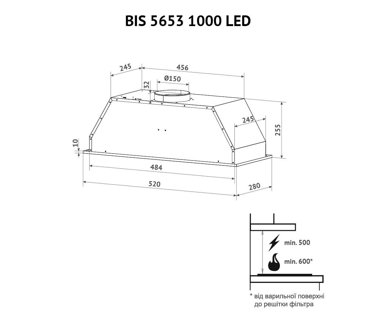 Полновстраиваемая вытяжка  BIS 5653 BL 1000 LED:Чертеж 