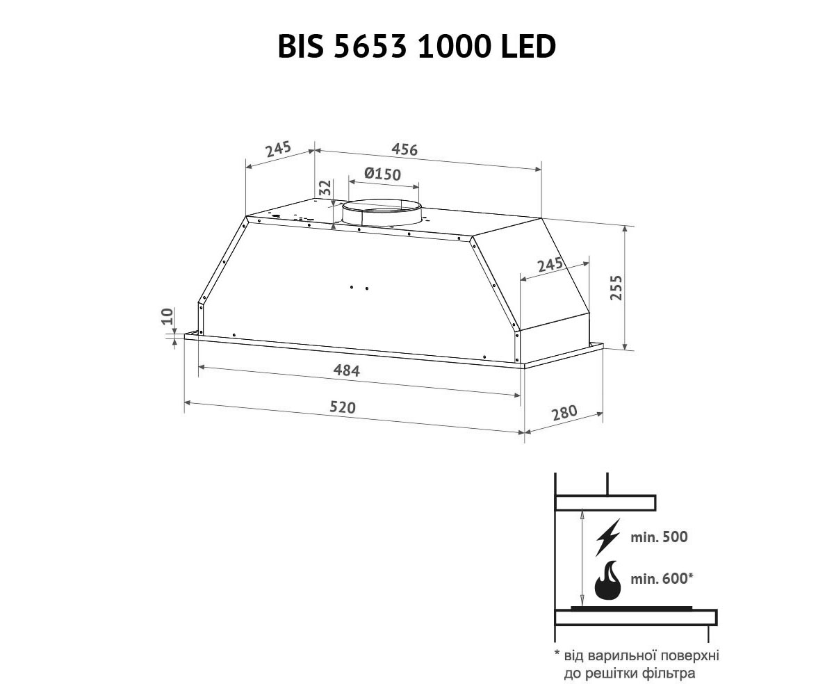 Полновстраиваемая вытяжка  BIS 5653 I 1000 LED:Чертеж 