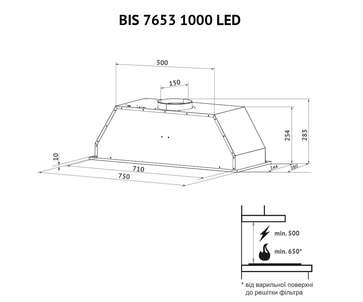 Сенсорная вытяжка  BIS 7653 WH 1000 LED:Чертеж 
