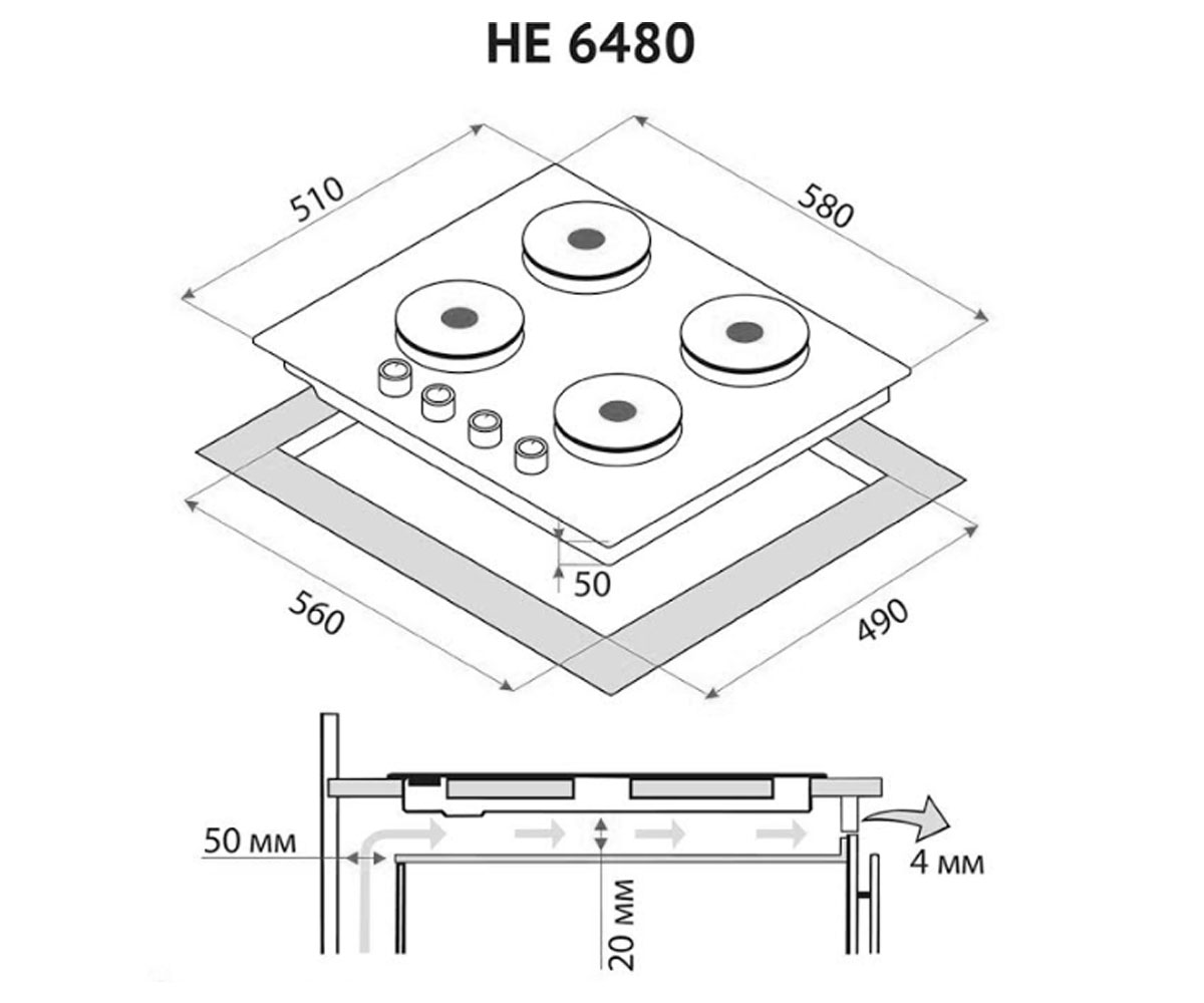 Электрическая поверхность  HE 6480 WH:Чертеж 