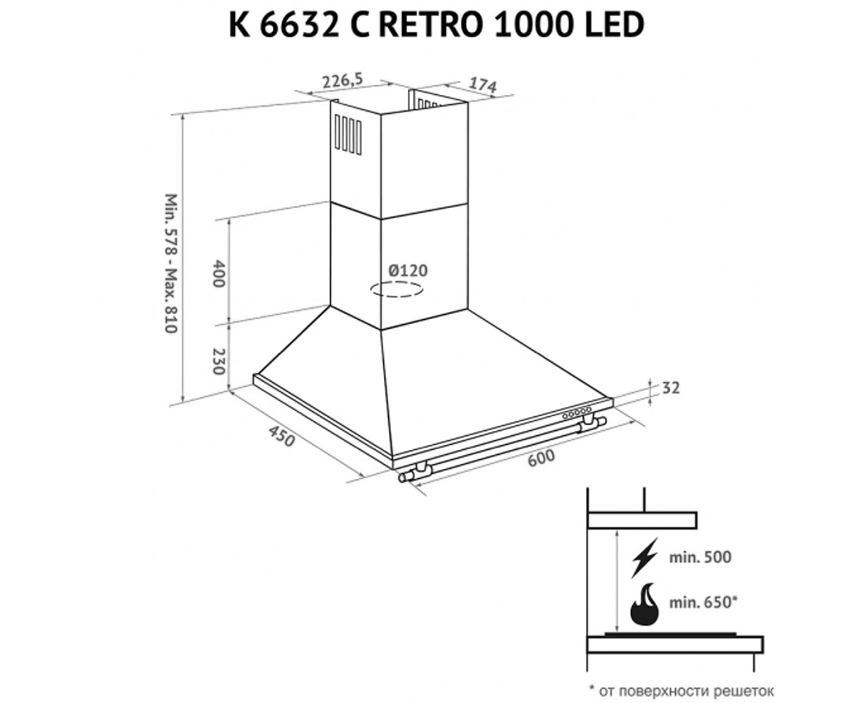 Вытяжка купольная  K 6632 C IV RETRO 1000 LED:Чертеж 