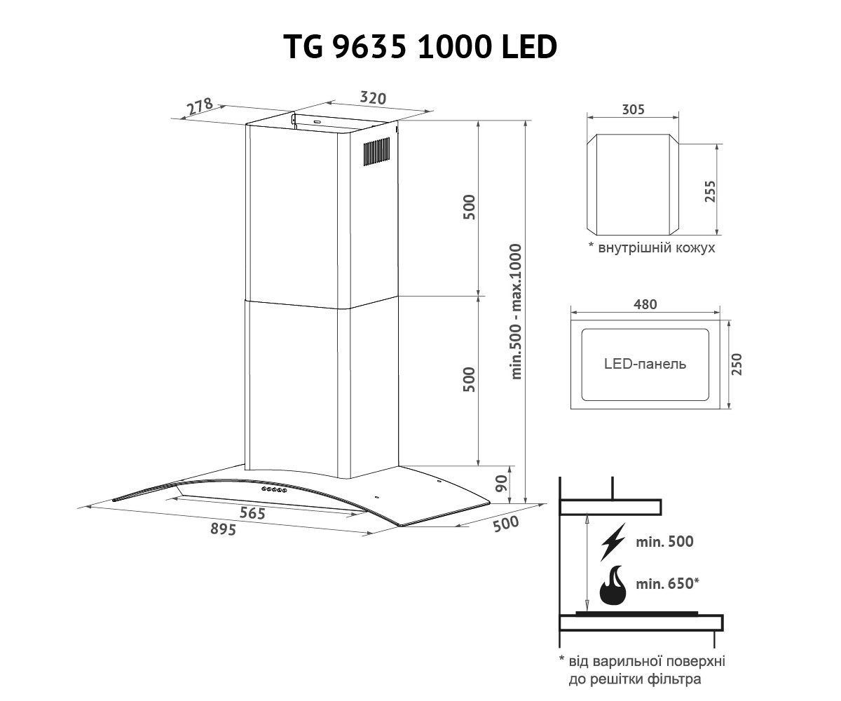 Вытяжка кухонная  TG 9635 I 1000 LED:Чертеж 