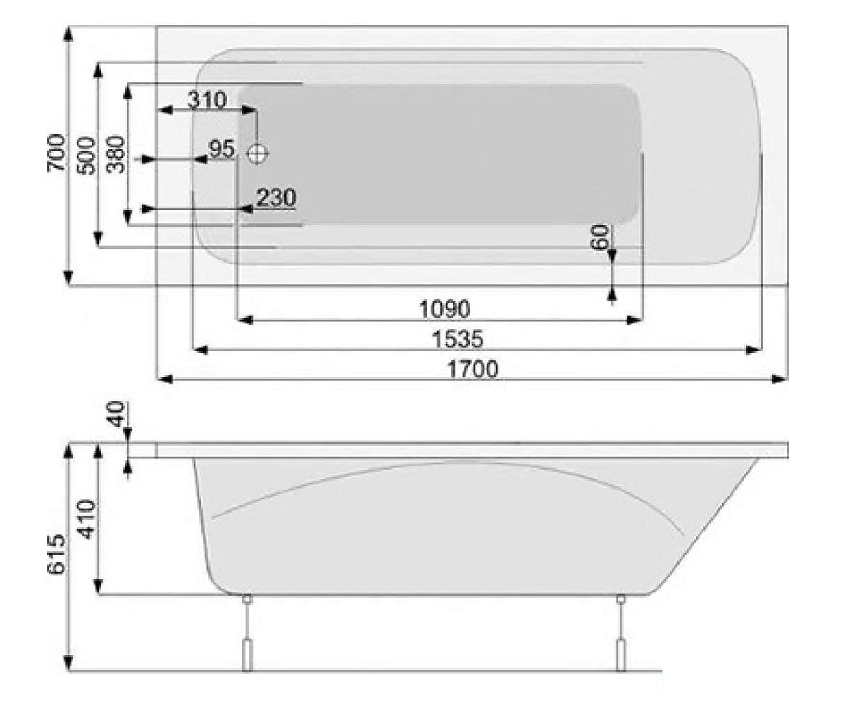 Ванна акриловая 170х70 см  KLIO PWPA410ZN000000:Чертеж 
