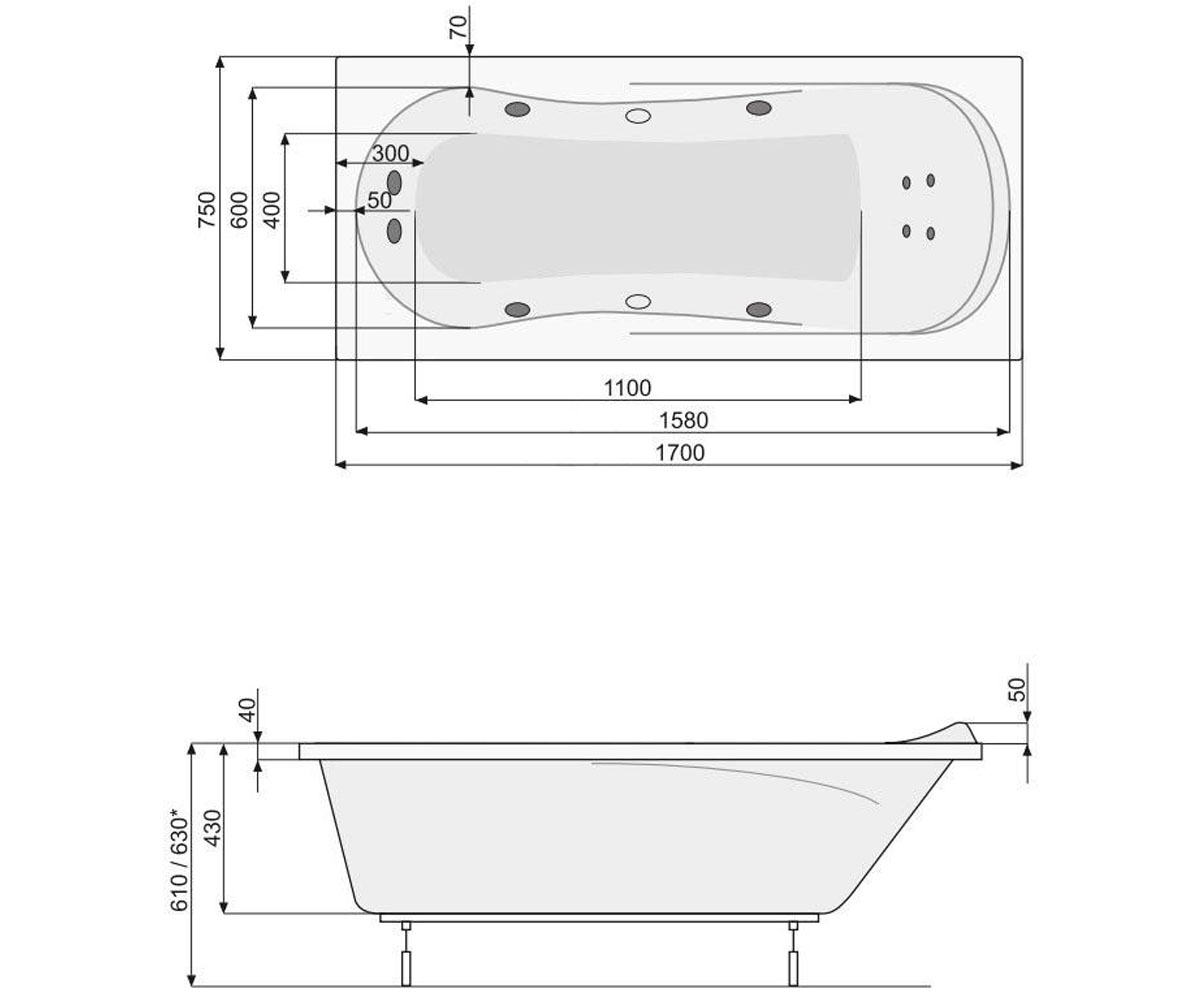Ванна акриловая 170х75 см  MUZA PWPH310ZN000000:Чертеж 
