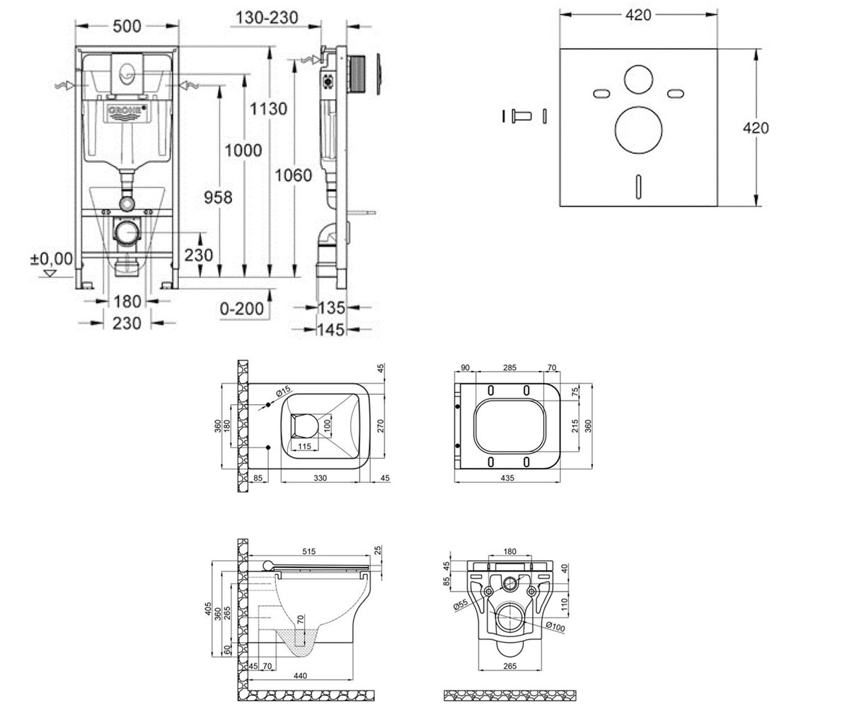 Унитаз с инсталляцией 5 в 1  CARDINAL 38721001QT0433C660HW:Чертеж 