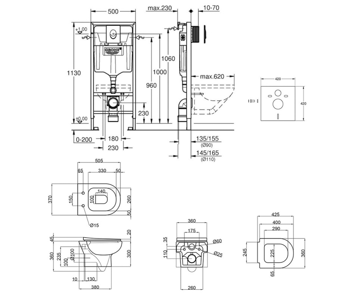 Унитаз с инсталляцией 4 в 1  LARK 38722001QT0331159W:Чертеж 