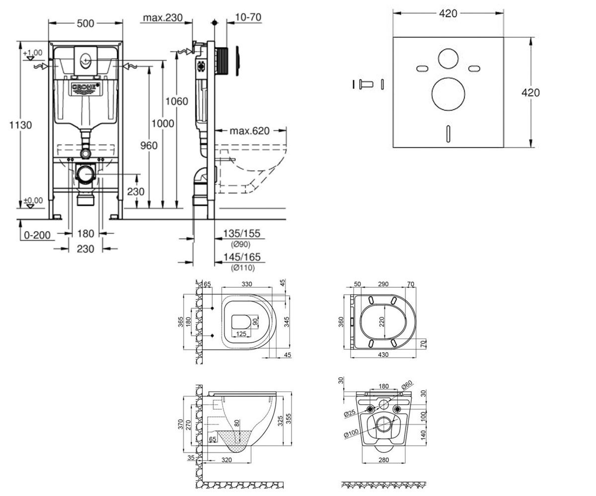 Унитаз с инсталляцией 5 в 1  ROBIN 38722001QT1333046ERW:Чертеж 