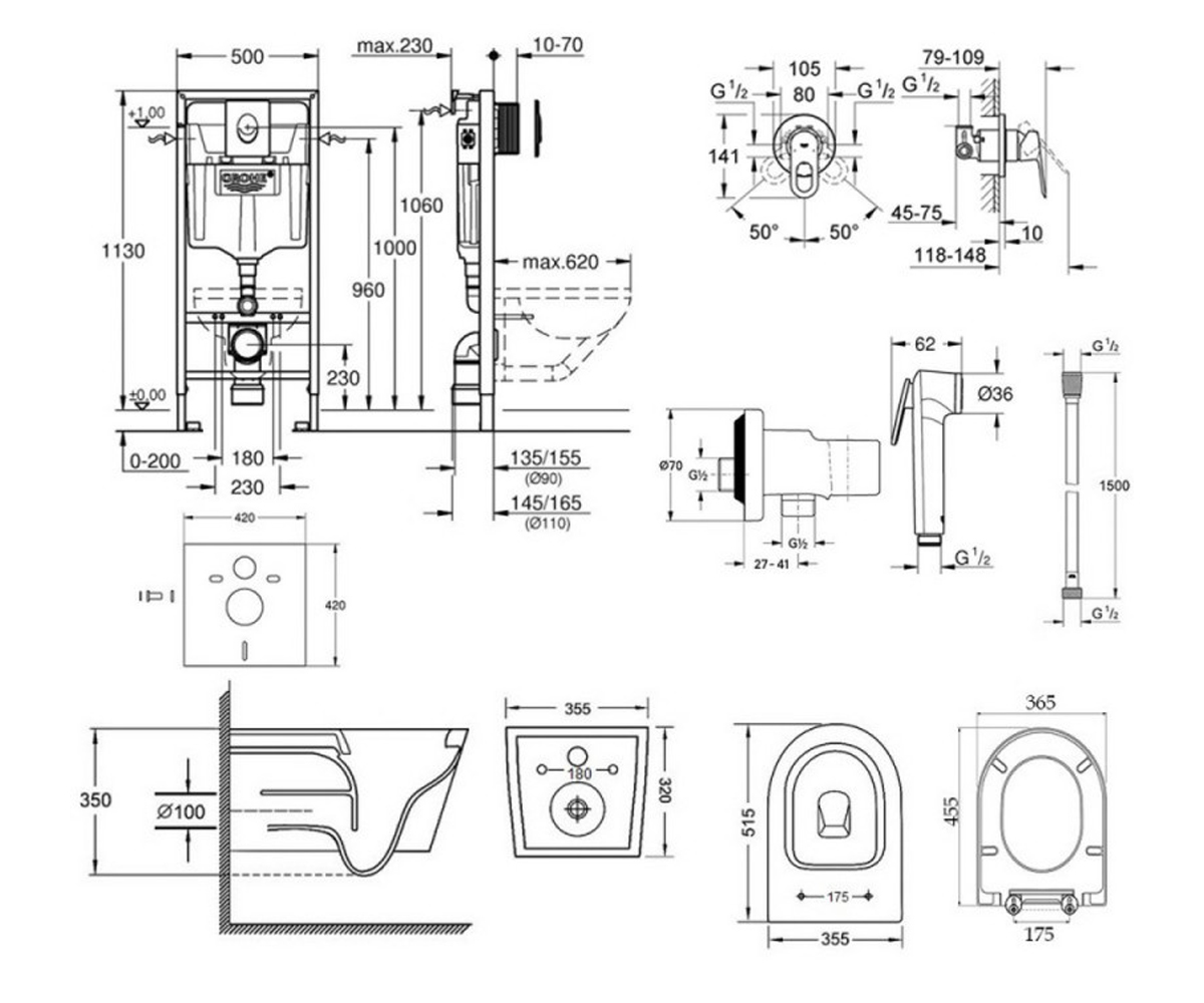 Унитаз с инсталляцией 5 в 1  SWAN 38722001QT16335178W111042:Чертеж 