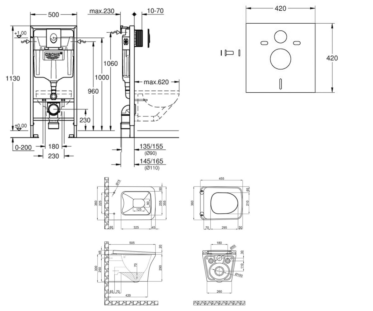 Унитаз с инсталляцией 5 в 1  GEMINI 38722001QT25332614EW:Чертеж 