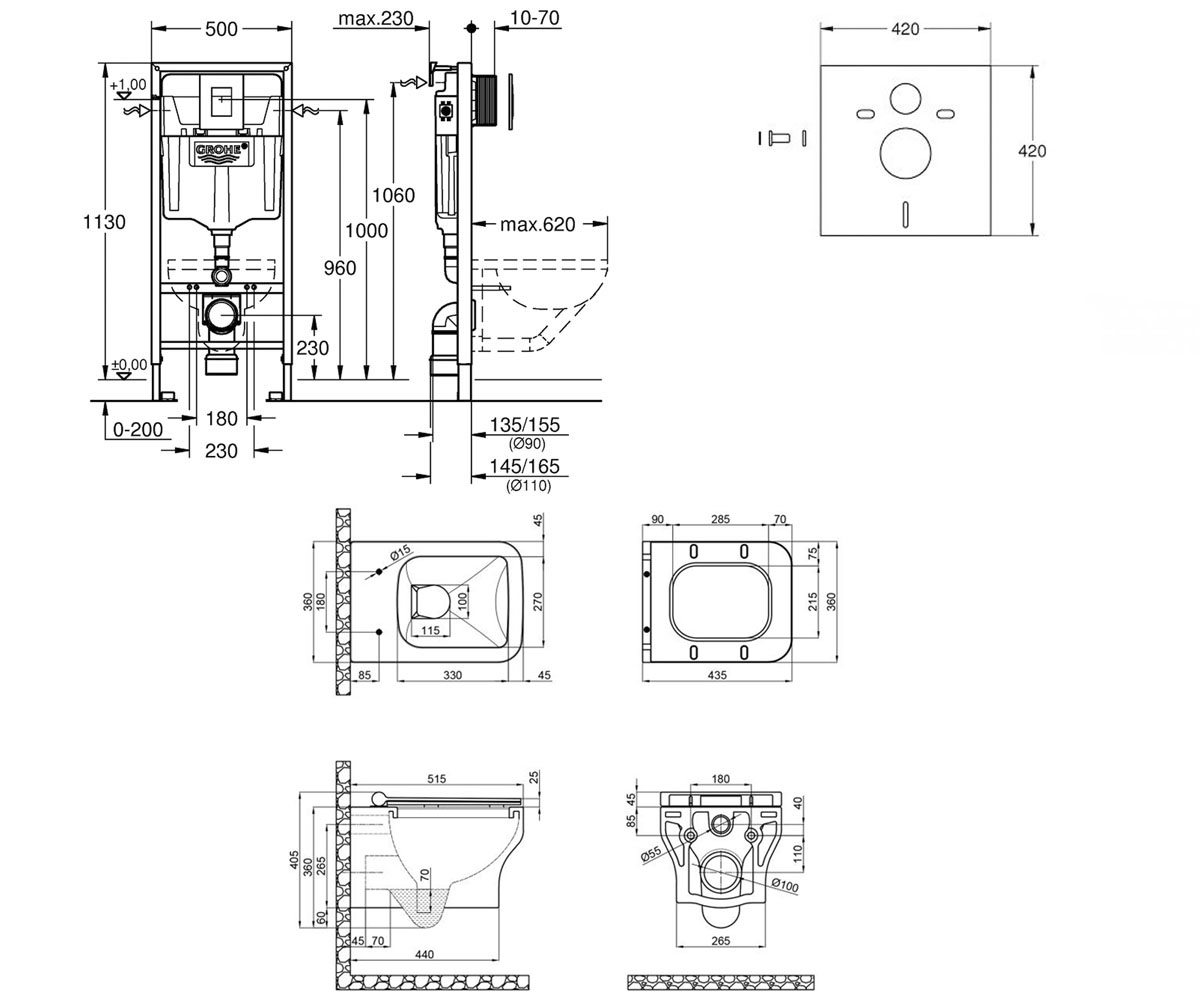 Унитаз с инсталляцией 5 в 1  CARDINAL 38772001QT0433C660HW:Чертеж 