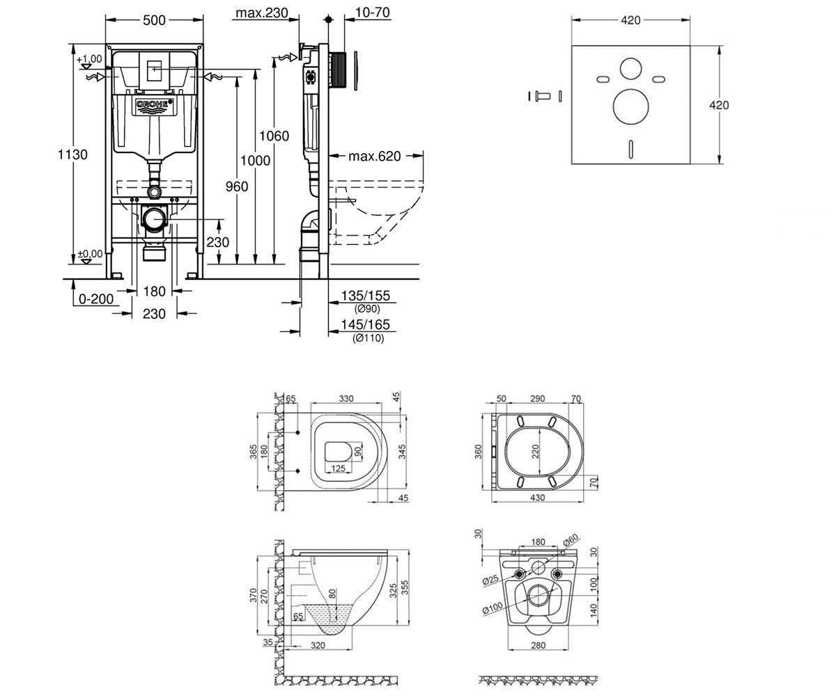 Унитаз с инсталляцией 5 в 1  ROBIN 38772001QT1333046ERW:Чертеж 