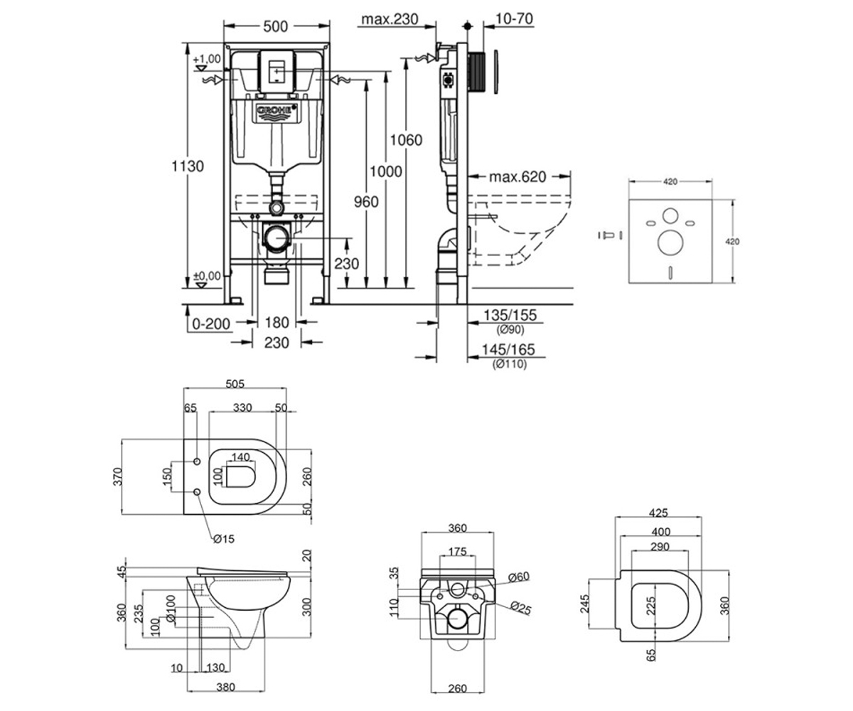Унитаз с инсталляцией 4 в 1  LARK 38827000QT0331159W:Чертеж 