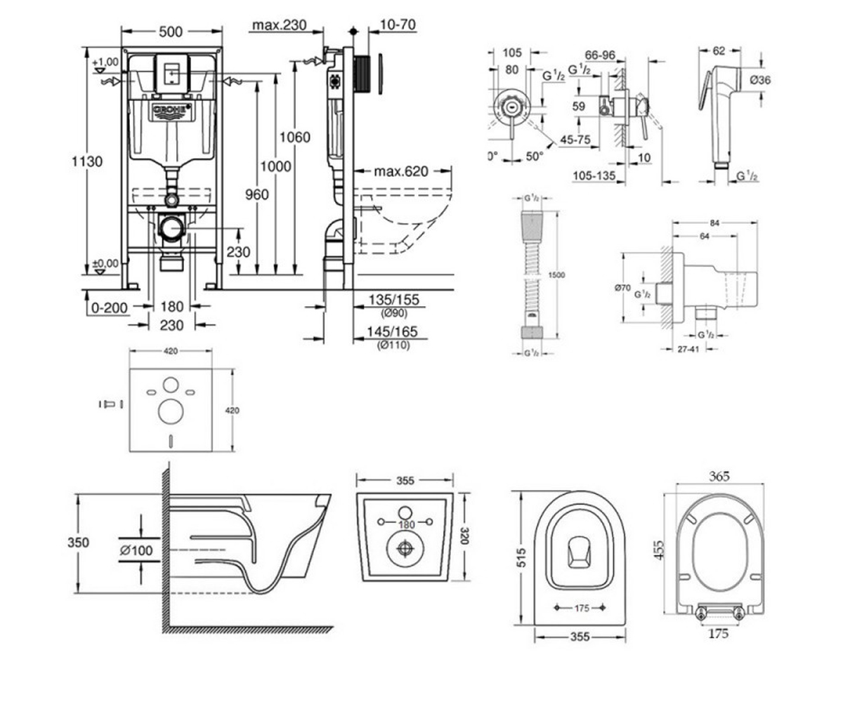Унитаз с инсталляцией 5 в 1  SWAN 38827000QT16335178W111048:Чертеж 