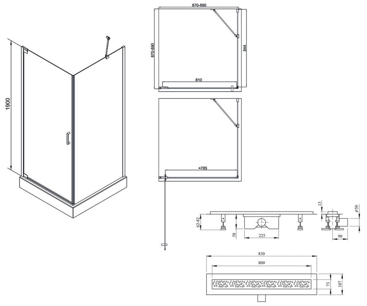 Кабинка с трапом 90х90 см  AQUARIUS AQUACRM1099SC6+QTDRYFC304800:Чертеж 