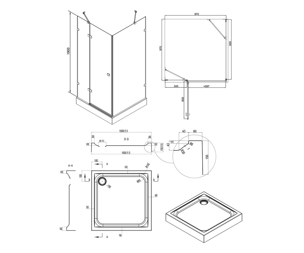 Кабинка с поддоном 100х100 см  CAPRICORN CAPCRM1011SC6UNIS301115:Чертеж 