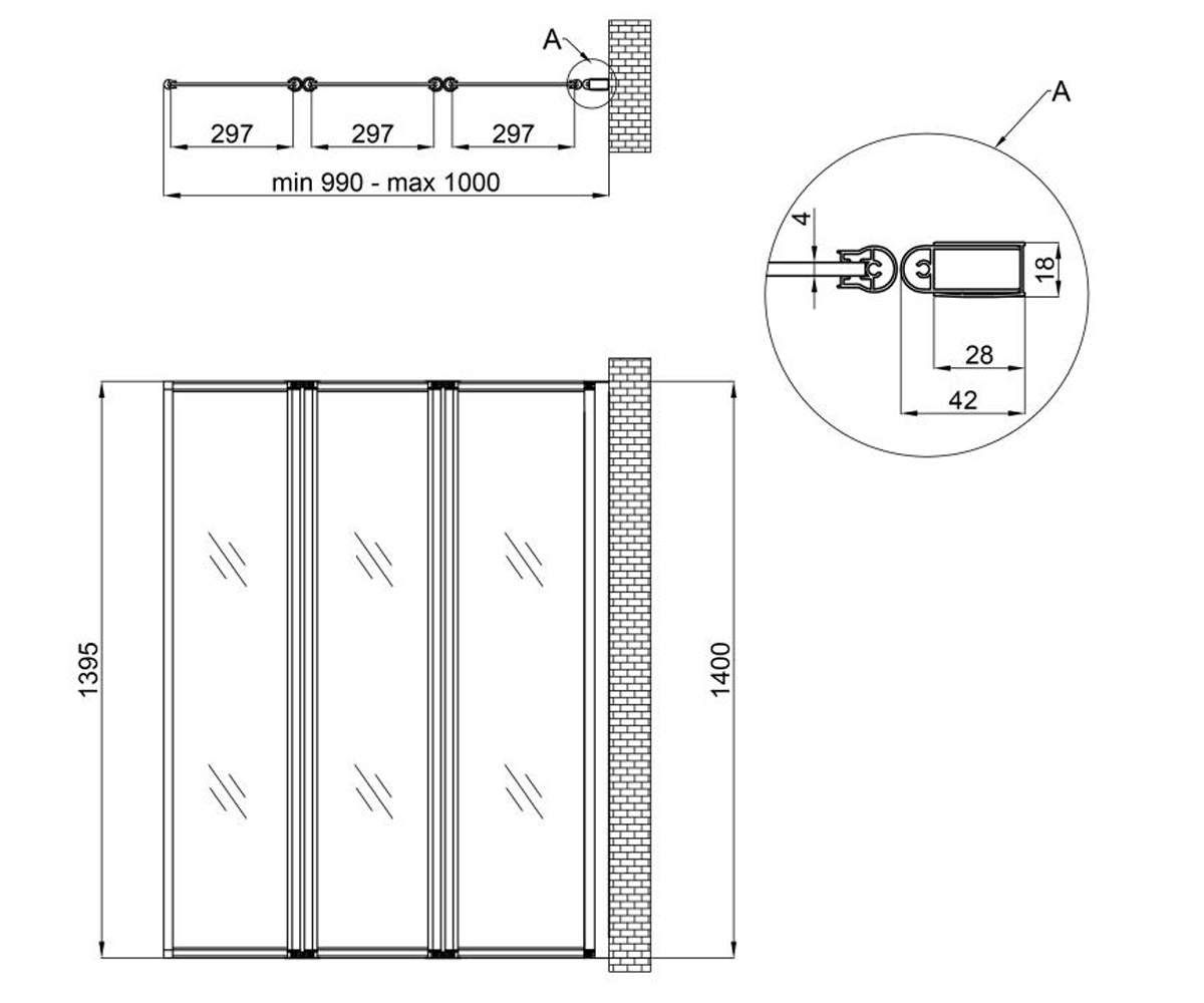Ширма для ванны 100х140 см  GEMINI GEMWHI40114RP4:Чертеж 