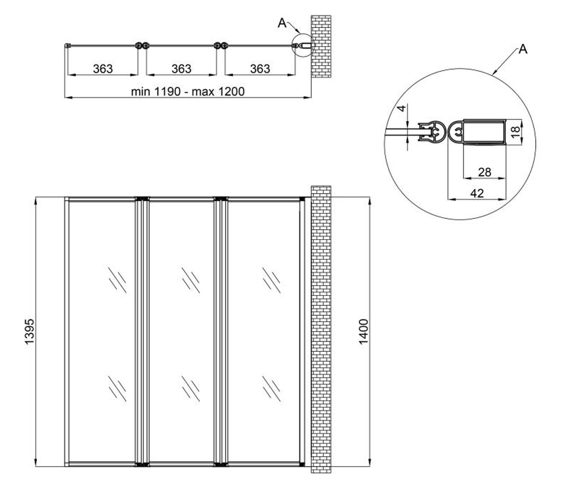 Ширма для ванны 120х140 см  GEMINI GEMWHI401214RP4:Чертеж 