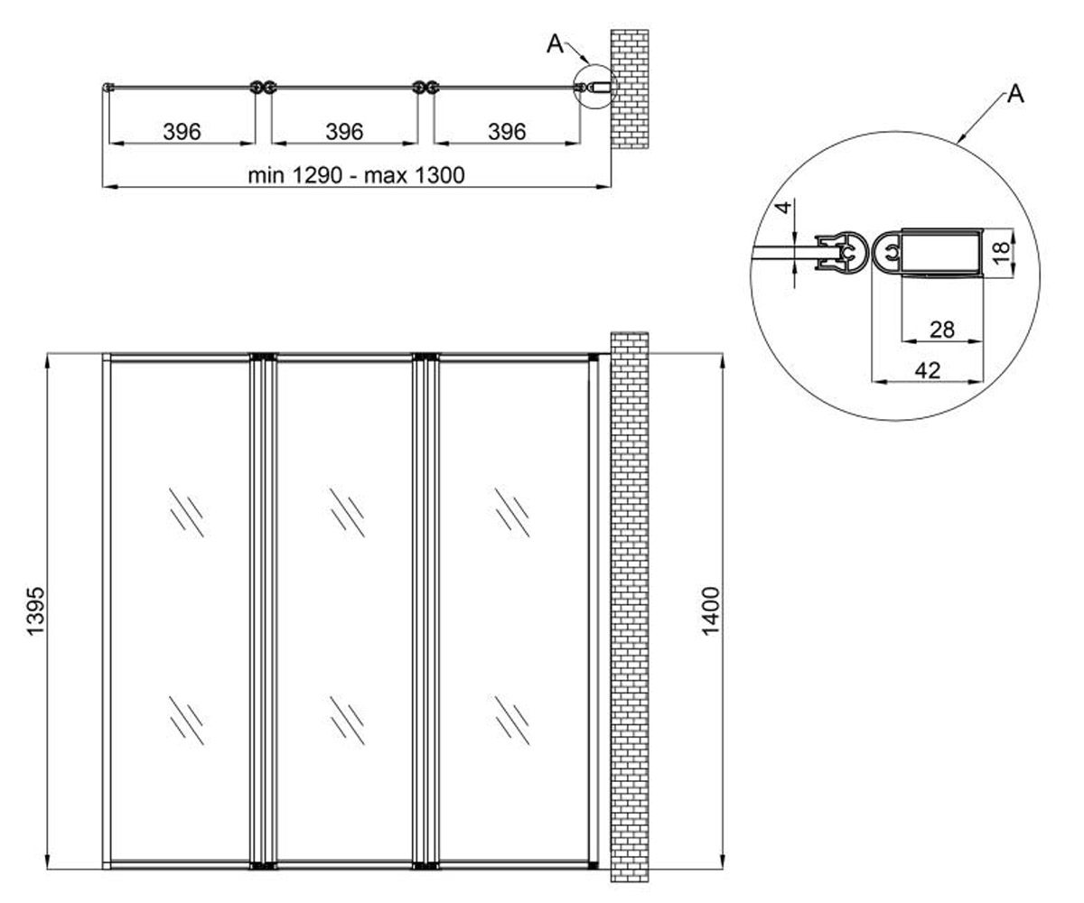 Ширма для ванны 130х140 см  GEMINI GEMWHI401314RP4:Чертеж 