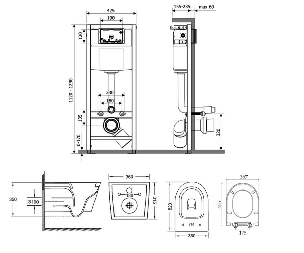 Унитаз с инсталляцией 4 в 1  JAY M425M06CRMQT07335176W:Чертеж 