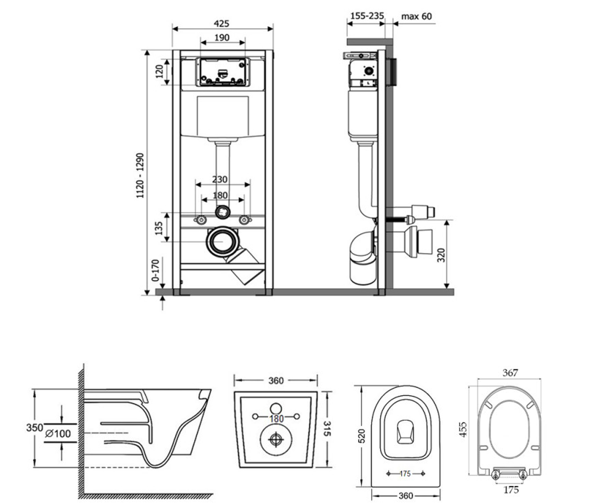 Унитаз с инсталляцией 4 в 1  JAY M425M06SATWHI5176:Чертеж 