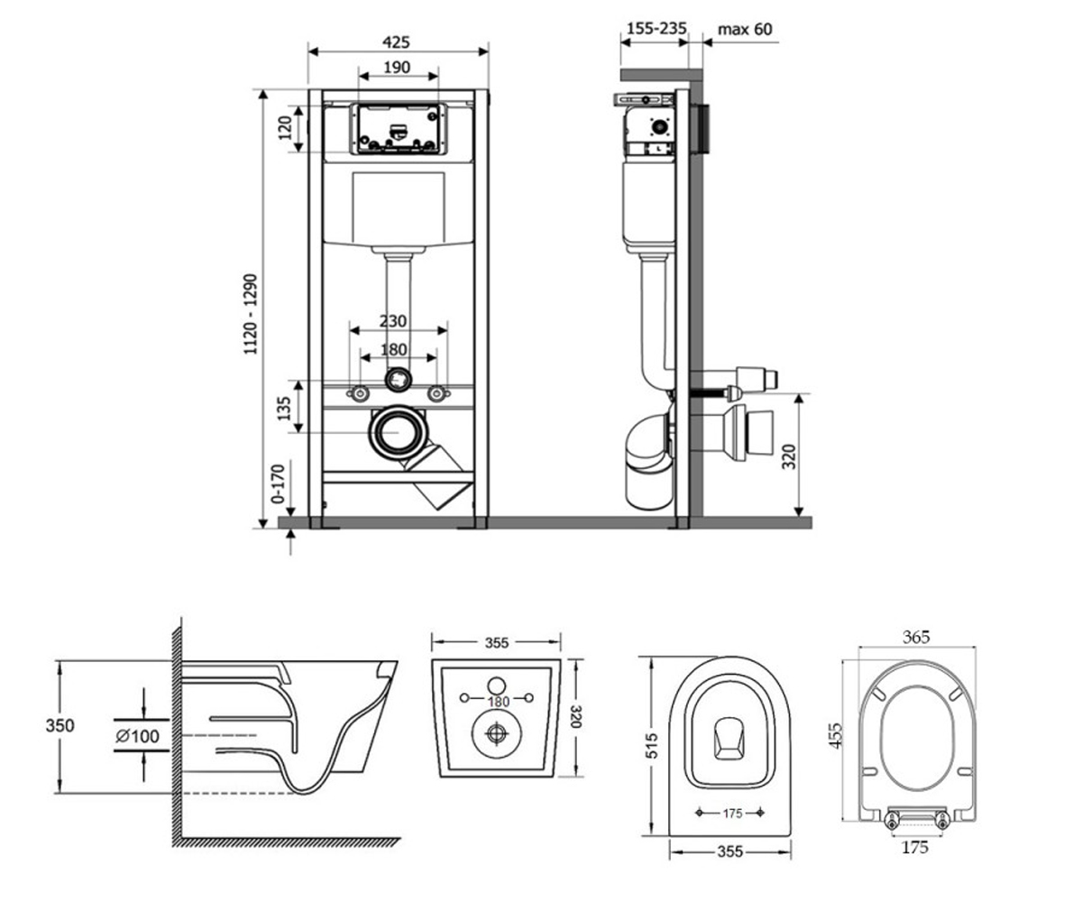 Унитаз с инсталляцией 4 в 1  SWAN M425M06SATWHI5178:Чертеж 