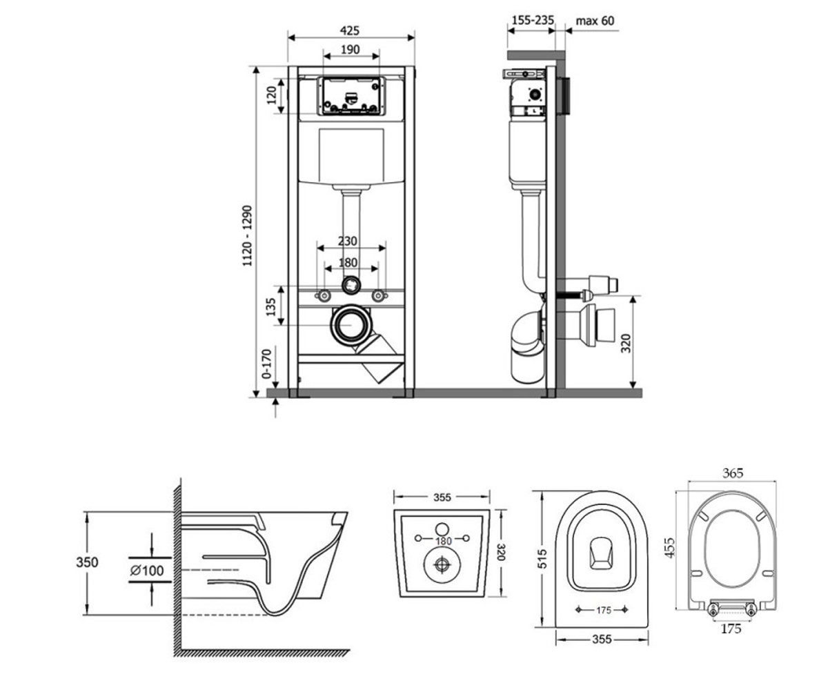 Унитаз с инсталляцией 4 в 1  SWAN M425M08CRMWHI5178:Чертеж 