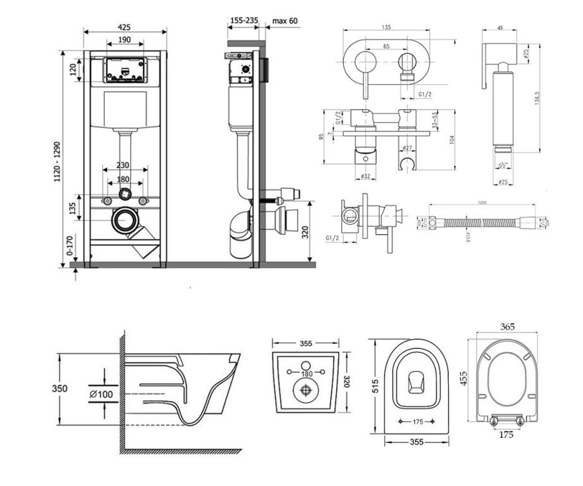Унитаз с инсталляцией 5 в 1  SWAN M425M08CRMWHI5178IVCRM501:Чертеж 