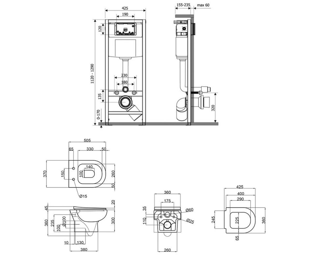 Унитаз с инсталляцией 4 в 1  LARK M425M08SATQT0331159W:Чертеж 