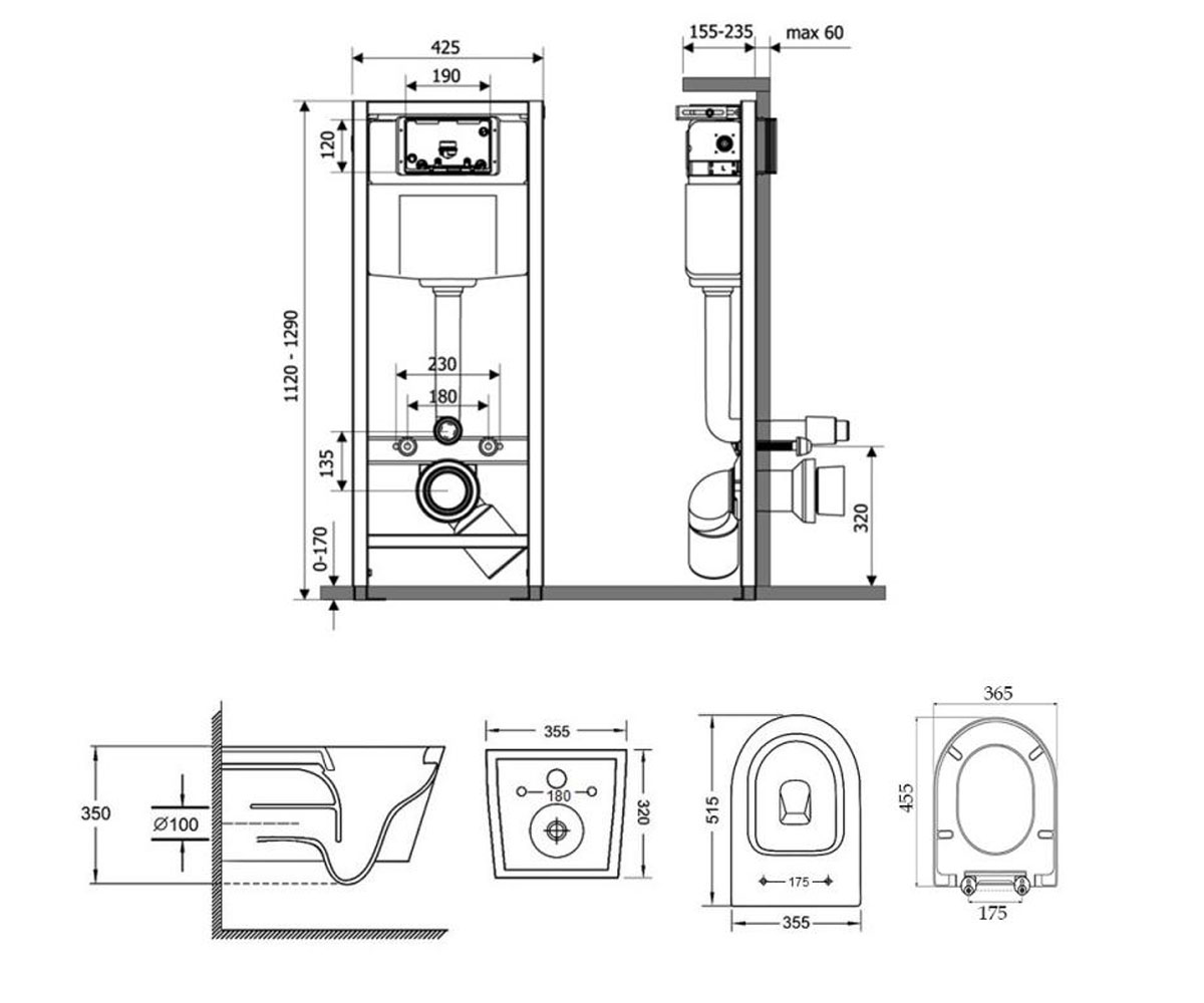 Унитаз с инсталляцией 4 в 1  SWAN M425M08SATQT16335178W:Чертеж 