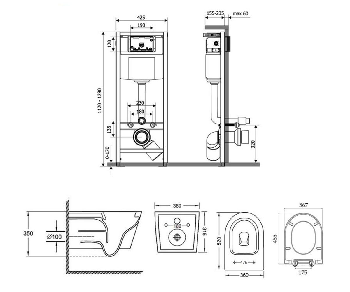 Унитаз с инсталляцией 4 в 1  JAY M425M11CRMQT07335176W:Чертеж 