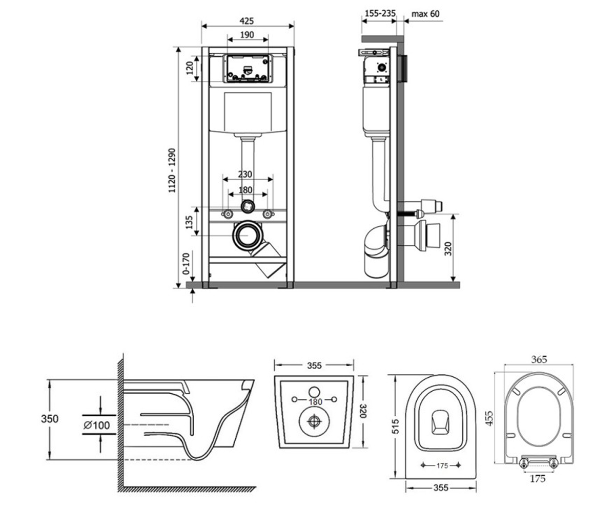 Унитаз с инсталляцией 4 в 1  SWAN M425M11CRMQT16335178W:Чертеж 