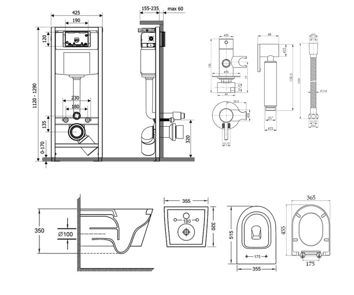 Унитаз с инсталляцией 5 в 1  SWAN M425M11CRMQT16335178WIVCRM001:Чертеж 
