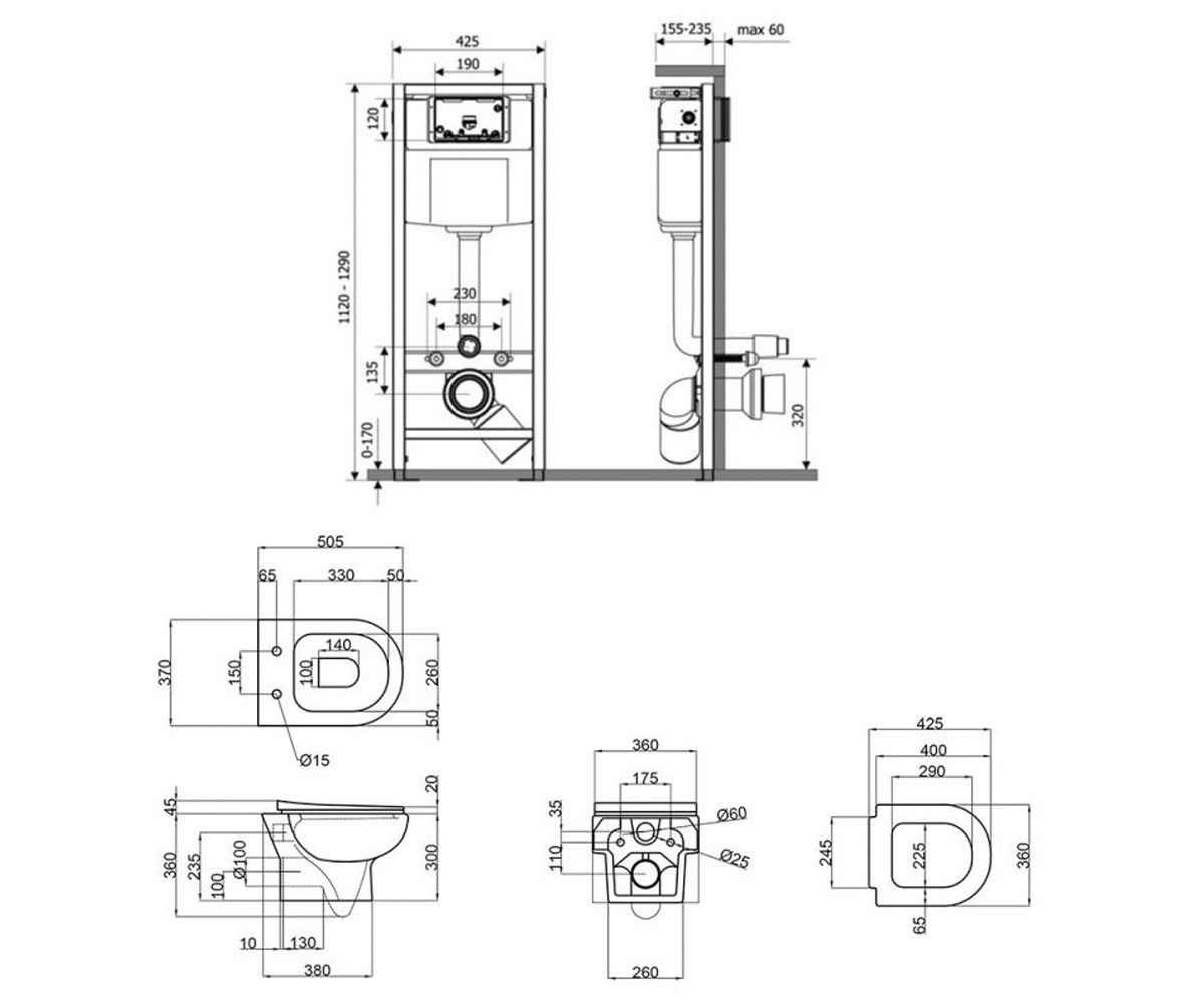 Унитаз с инсталляцией 4 в 1  LARK M425M11SATQT0331159W:Чертеж 