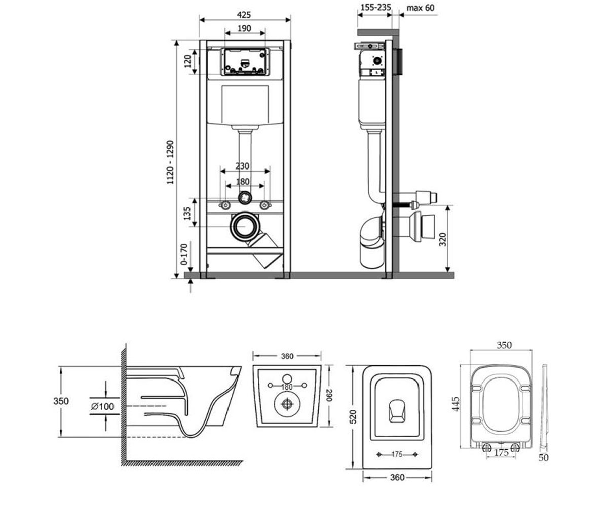 Унитаз с инсталляцией 4 в 1  CROW M425M11SATQT05335170W:Чертеж 
