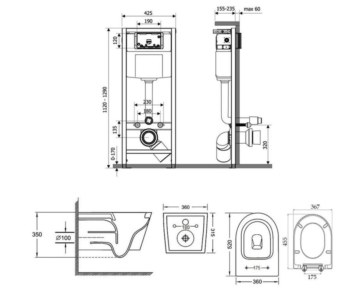 Унитаз с инсталляцией 4 в 1  JAY M425M11SATQT07335176W:Чертеж 