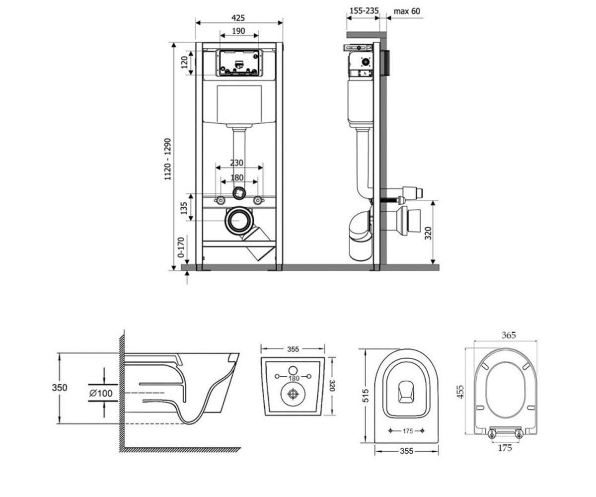 Унитаз с инсталляцией 4 в 1  SWAN M425M11SATQT16335178W:Чертеж 