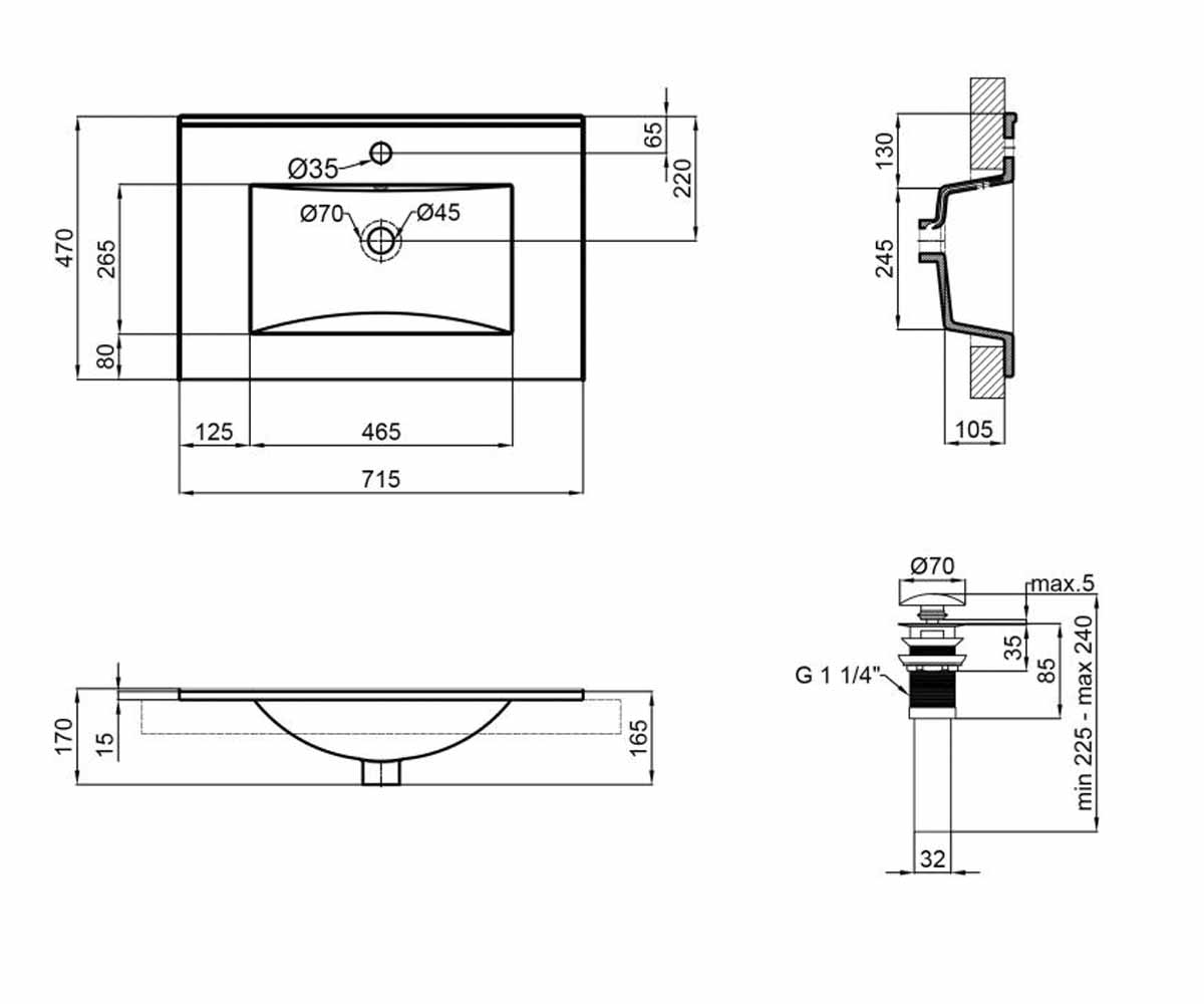 Раковина с донным клапаном 71 см  ALBATROSS NEW QT0111750670W:Чертеж 
