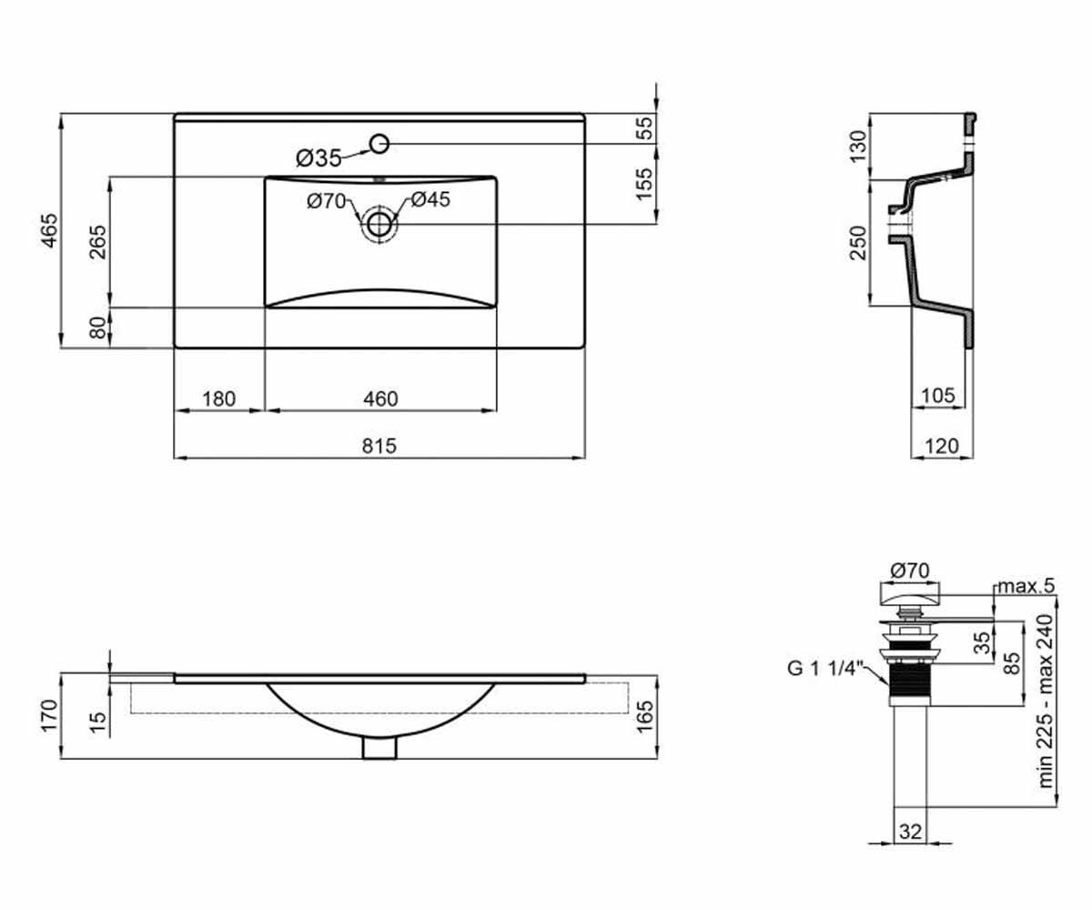 Раковина с донным клапаном 81 см  ALBATROSS NEW QT0111750680W:Чертеж 