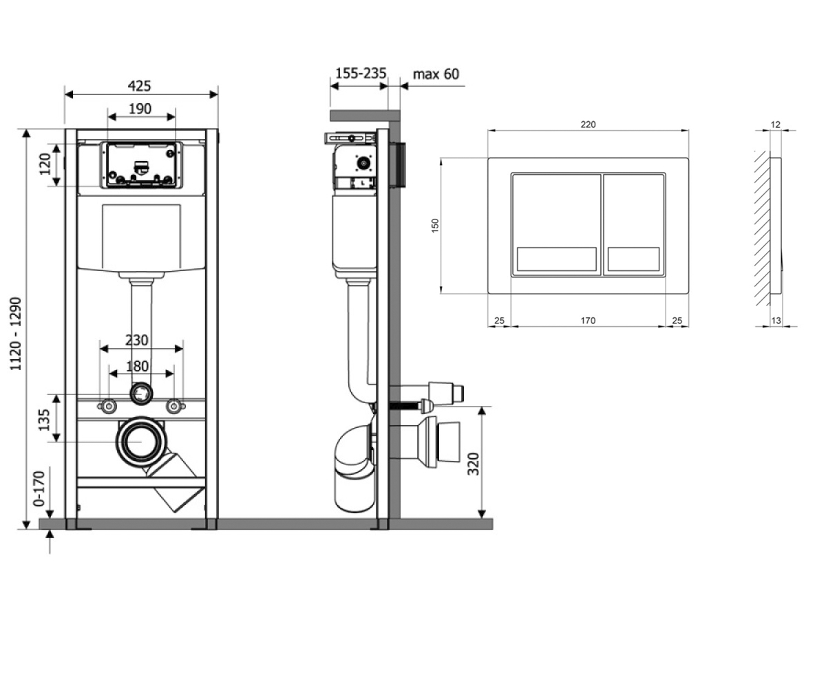 Инсталляция для унитаза 4 в 1  NEST QT0133M425M06028CRM:Чертеж 