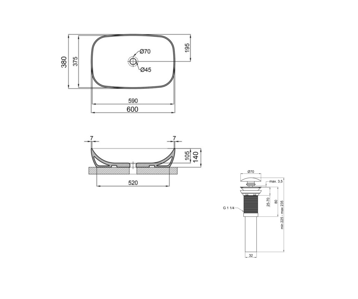 Комплект Qtap Cardinal: раковина накладная 600x380x140 мм, White, овальная + донный клапан Pop-up PU02  QT04116257W48465:Чертеж 