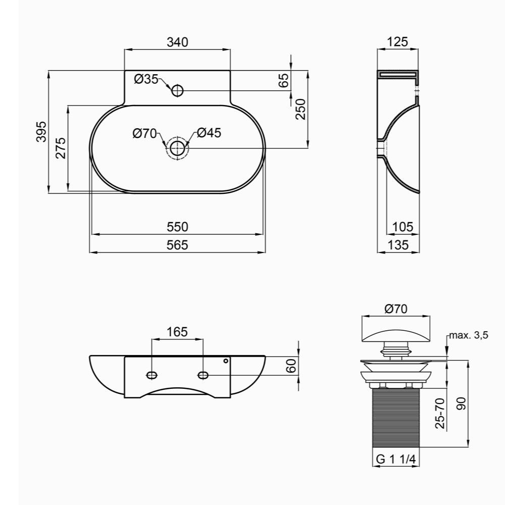 Керамическая раковина в ванную  CARDINAL QT0411K177WN47330:Чертеж 