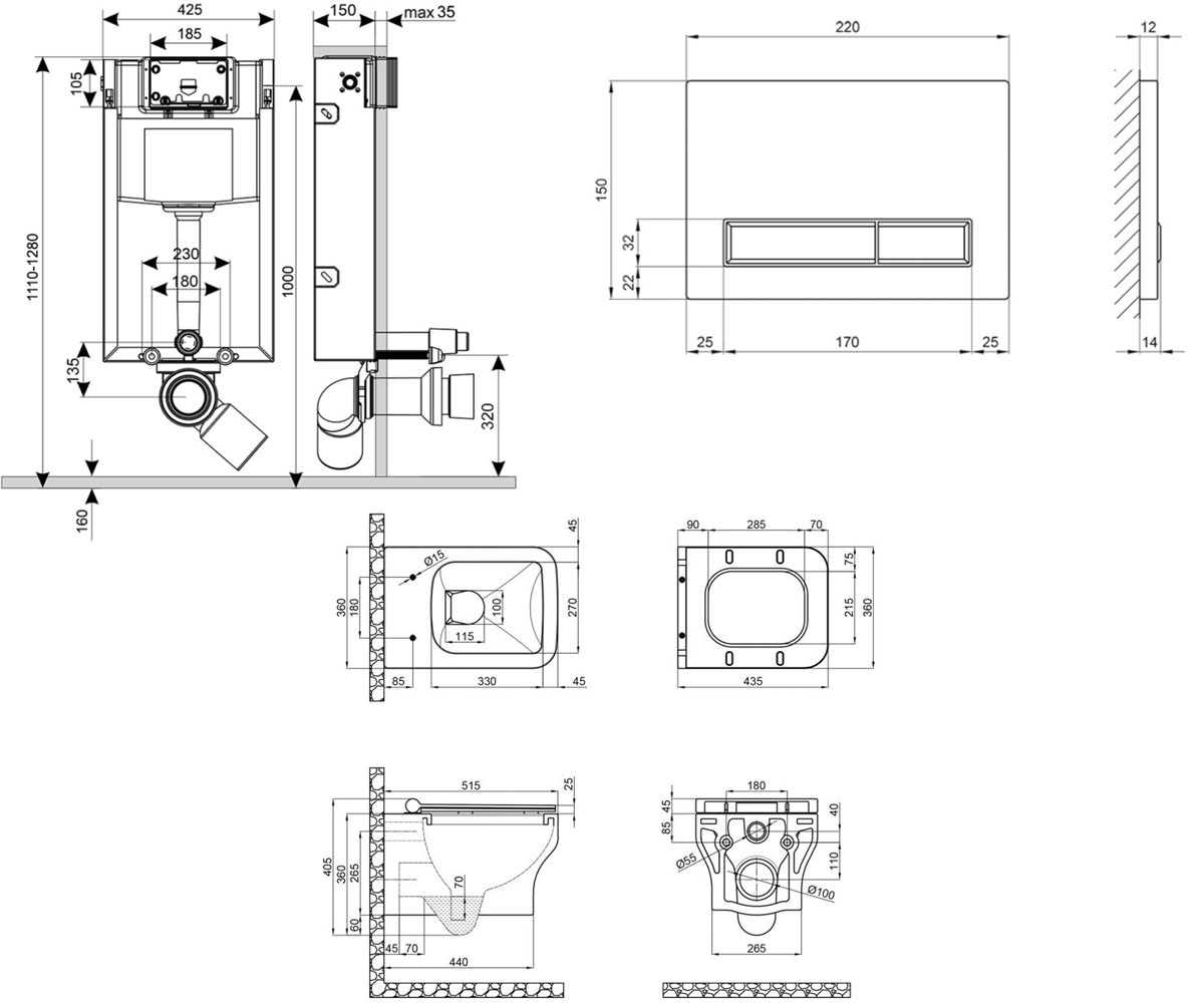 Унитаз с инсталляцией 4 в 1  CARDINAL QT0433C660HW0133M425M08381CRM:Чертеж 