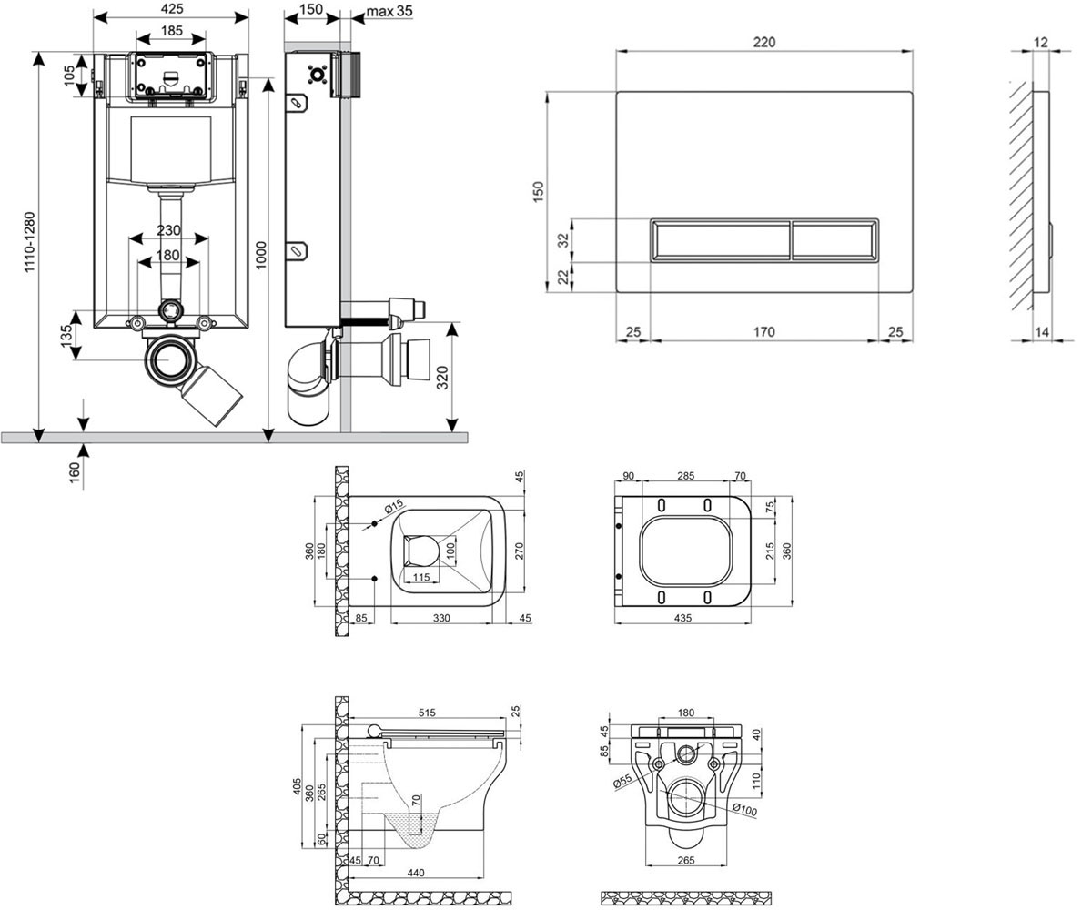 Унитаз с инсталляцией 4 в 1  CARDINAL QT0433C660HW0133M425M08382SAT:Чертеж 