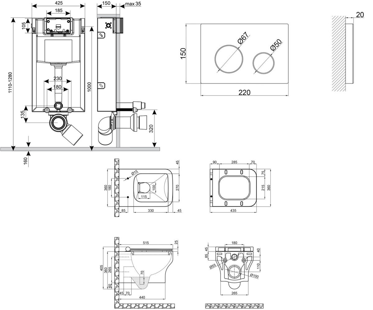 Унитаз с инсталляцией 4 в 1  CARDINAL QT0433C660HW0133M425M11V1114W:Чертеж 