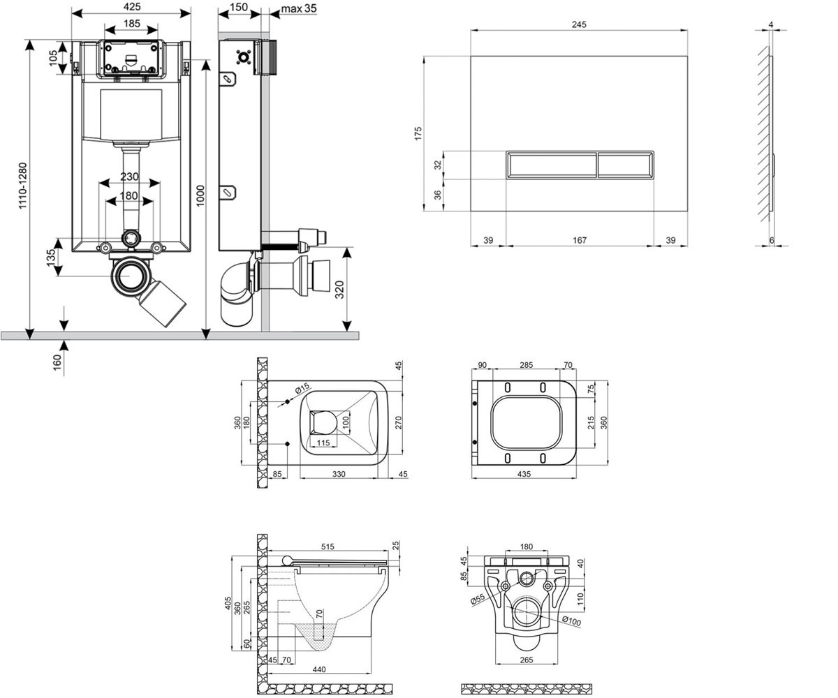Унитаз с инсталляцией 4 в 1  CARDINAL QT0433C660HW0133M425V1105GW:Чертеж 