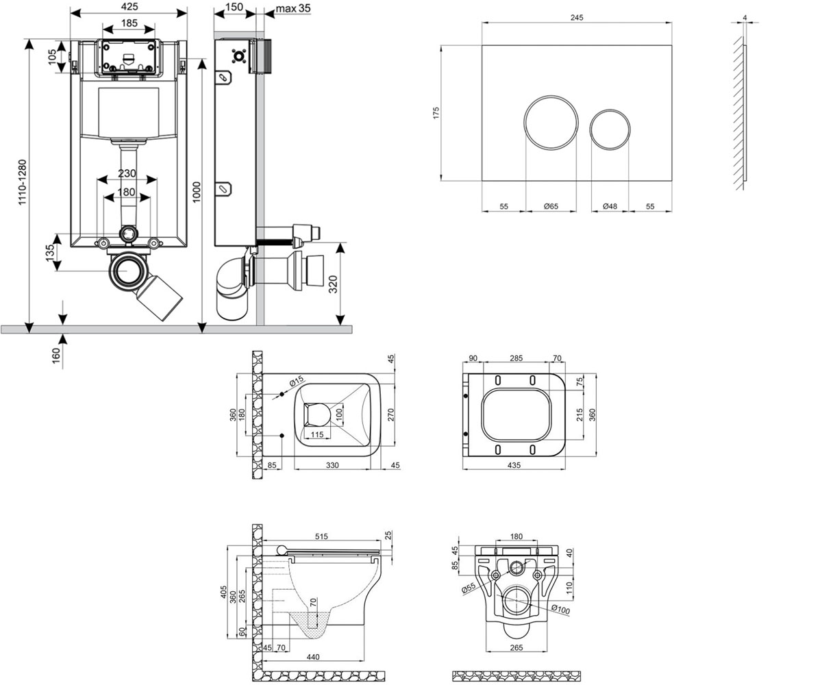 Унитаз с инсталляцией 4 в 1  CARDINAL QT0433C660HW0133M425V1164GW:Чертеж 